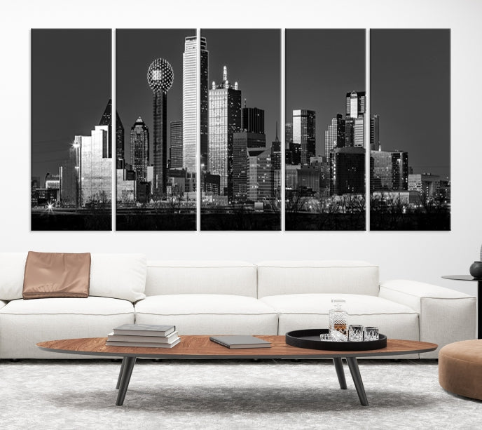 Dallas City Lights Skyline Art mural noir et blanc Paysage urbain Impression sur toile