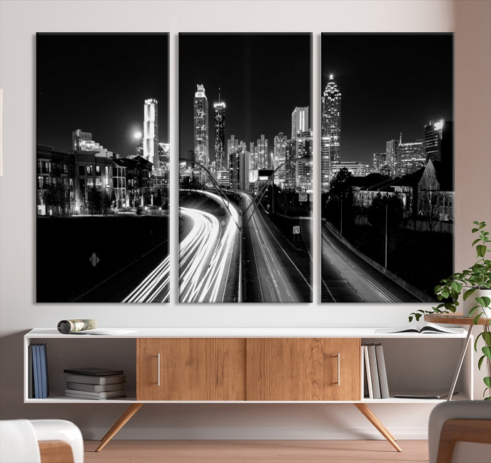 Skyline de luces de la ciudad de Atlanta Arte de pared en blanco y negro Paisaje urbano Lienzo