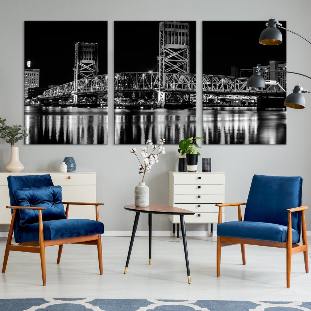 The Jacksonville City Bridge Night Wall Art Canvas Print is a black and white triptych depicting the city bridge at night. It features a UV-protective coating on museum-quality canvas.