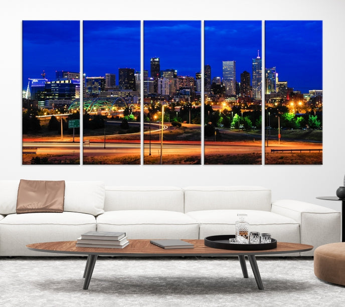 Denver City Lights Night Bright Blue Skyline Cityscape View Wall Art Canvas Print