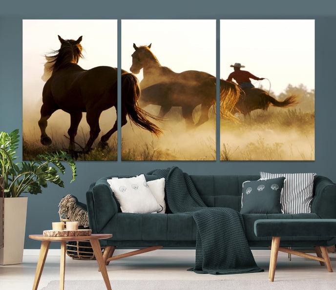 Lienzo decorativo para pared con caballos y vaqueros