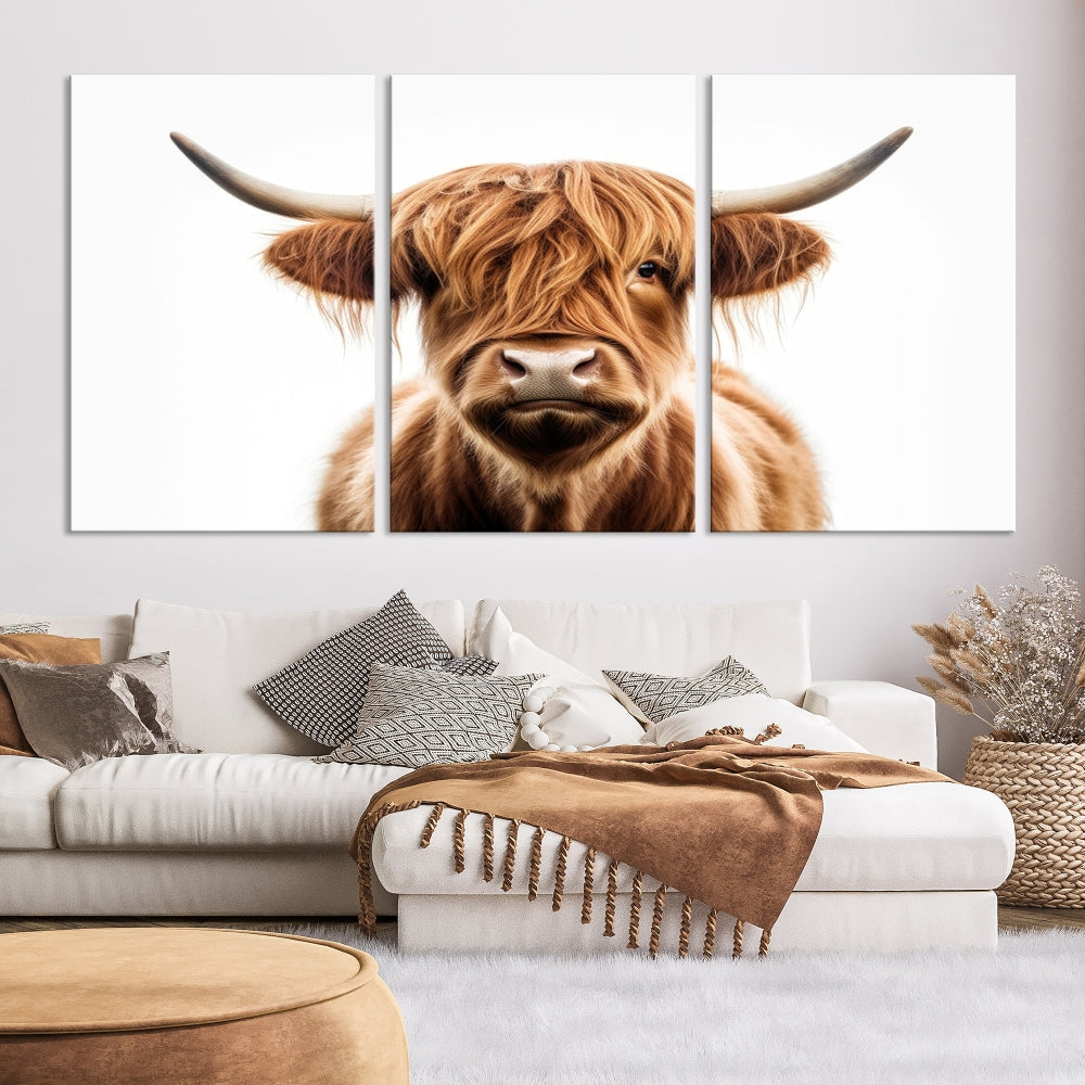 A Scottish Highland Cow Canvas Print, featuring a trio of panels depicting a long-haired, large-horned Highland cow on museum-quality canvas with UV protection, was displayed.