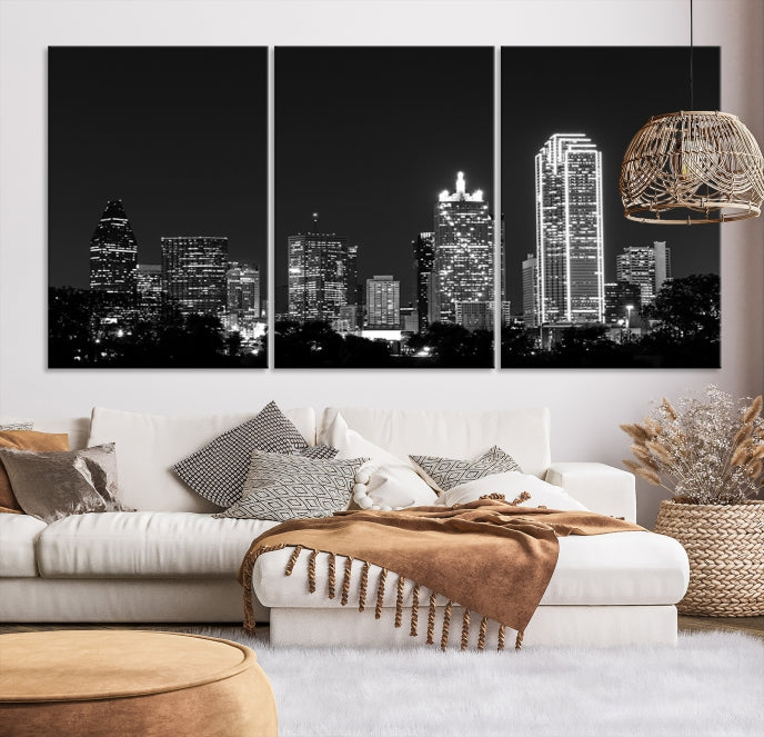 Dallas City Lights Skyline Art mural noir et blanc Paysage urbain Impression sur toile