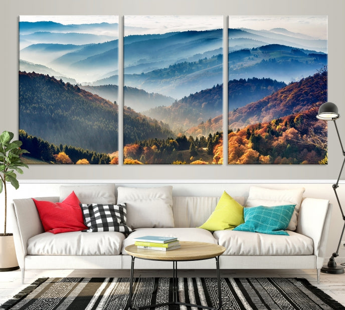 Lienzo decorativo para pared grande con bosque de montañas y otoño