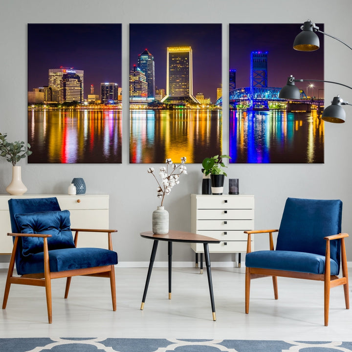 The Jacksonville City cityscape wall art captures a vibrant city skyline at night with colorful reflections in the water and is elegantly displayed on museum-quality gallery wrapped canvas.