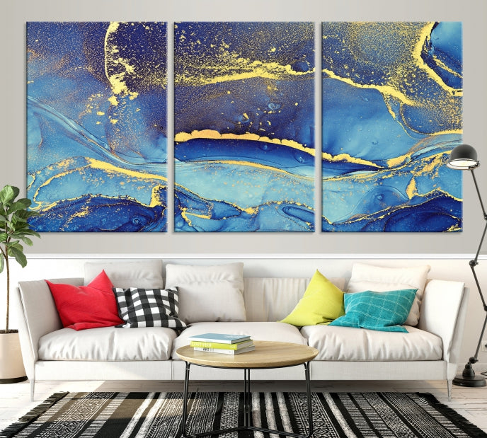 Splash Yellow Color Blue Marble Abstract Canvas Wall Art Print