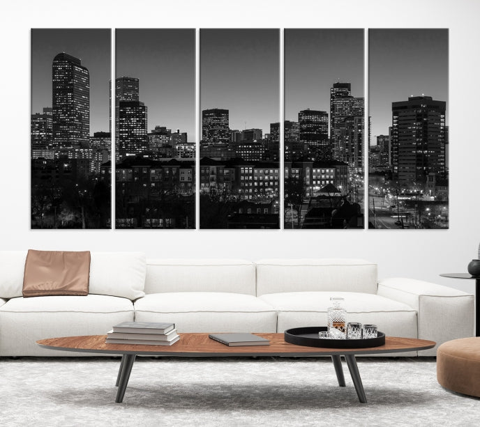 Denver City Lights Skyline Black and White Wall Art Cityscape Canvas Print