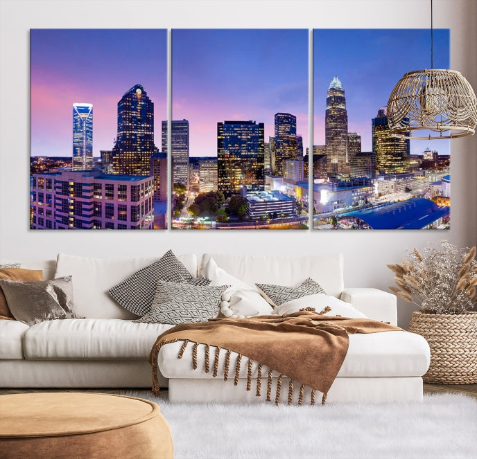 Charlotte City Lights Sunset Purple Skyline Paisaje urbano Vista Arte de pared grande Lienzo