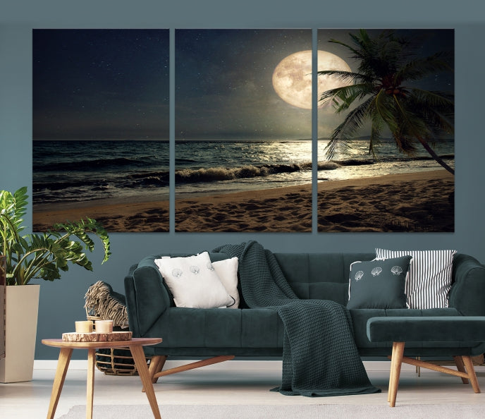 Arte de pared de playa tropical y luna Lienzo