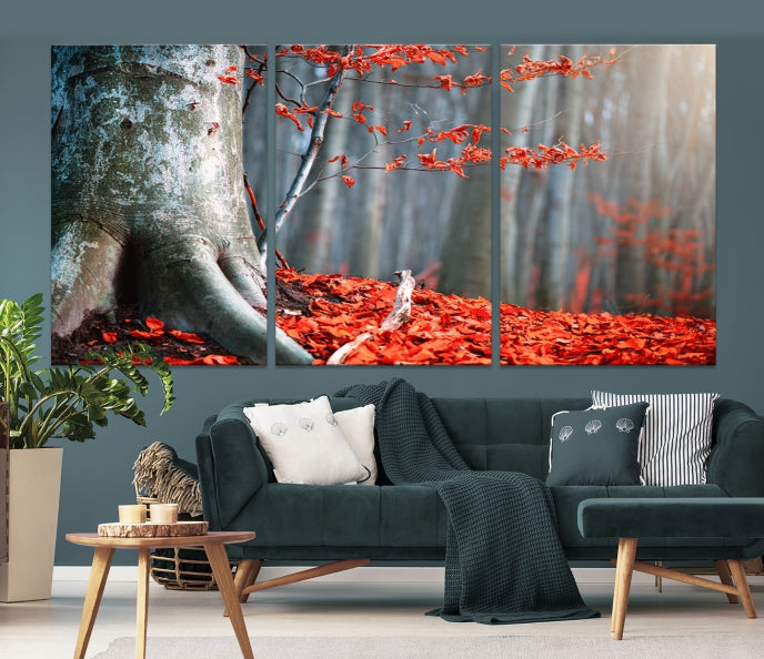 Lienzo decorativo para pared grande con hojas rojas de gran árbol y bosque