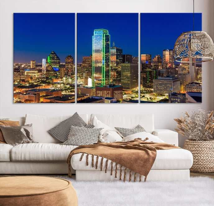 Impresión en lienzo de arte de pared grande con vista del paisaje urbano del horizonte azul nocturno de las luces de la ciudad de Dallas