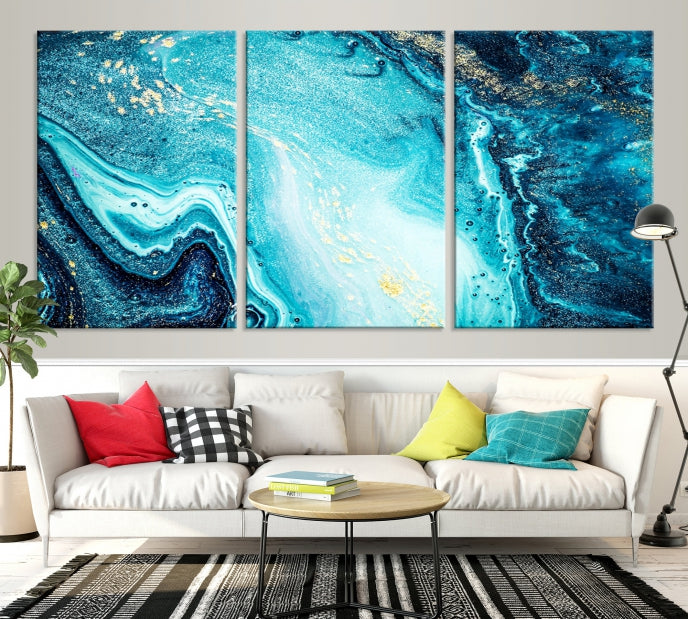 Arte de pared grande con efecto fluido de mármol azul neón y dorado, lienzo abstracto moderno, impresión artística de pared