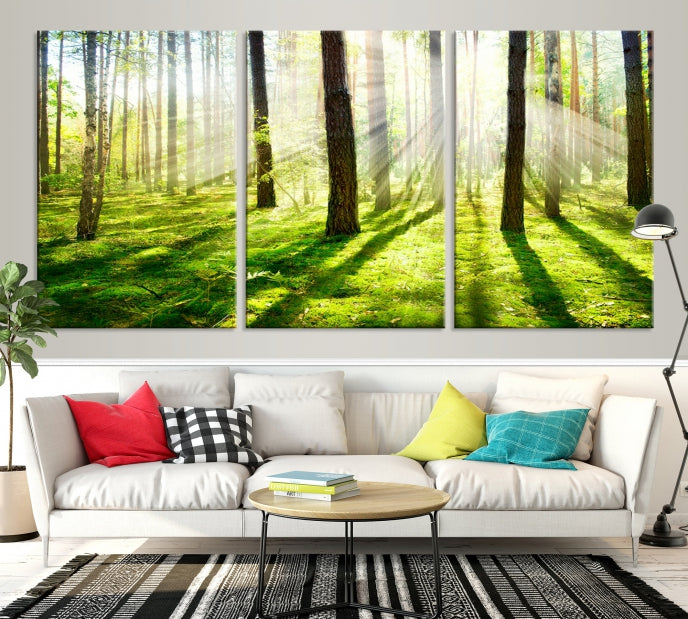 Lienzo decorativo para pared grande con bosque y sol