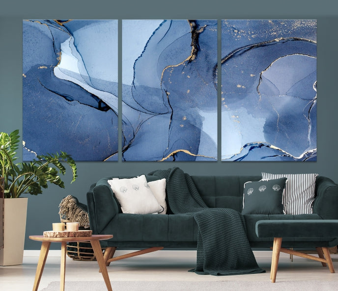 Arte de pared grande con efecto fluido de mármol azul, lienzo abstracto moderno, impresión artística de pared