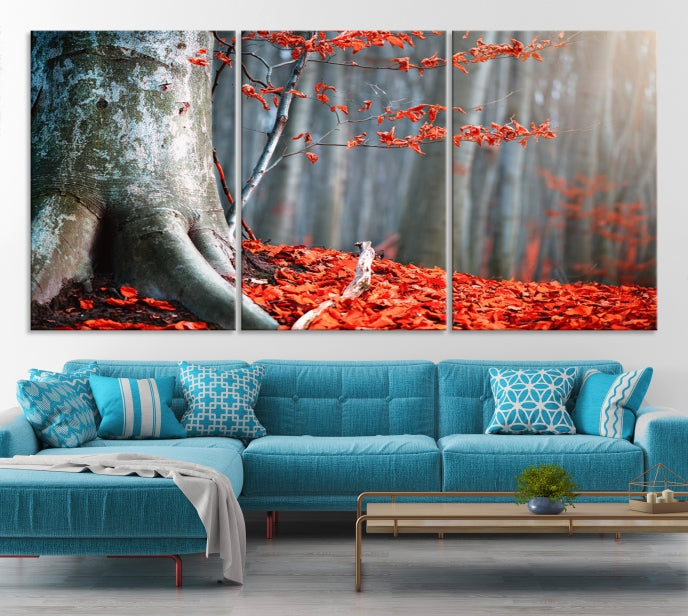 Big Tree and Forest Red Leave Wall Art Canvas Print