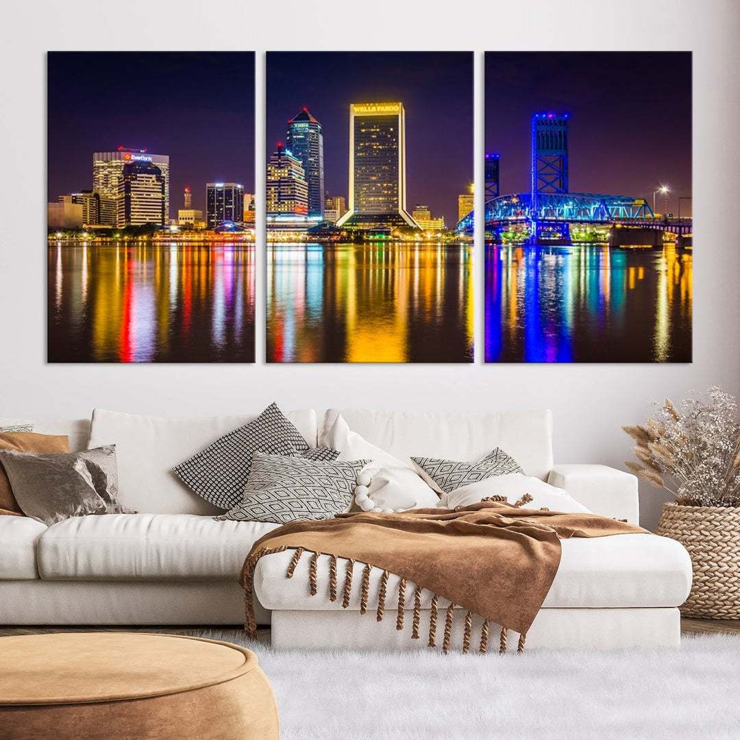 The Jacksonville City cityscape wall art captures a vibrant city skyline at night with colorful reflections in the water and is elegantly displayed on museum-quality gallery wrapped canvas.