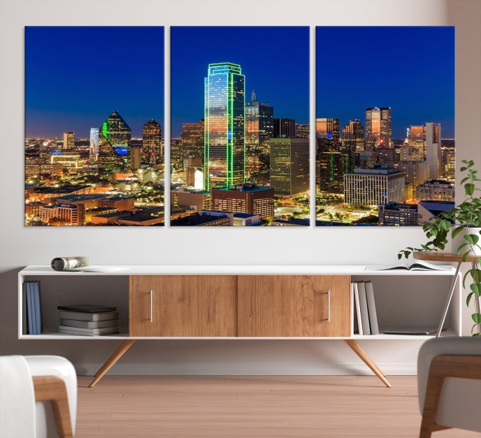 Impresión en lienzo de arte de pared grande con vista del paisaje urbano del horizonte azul nocturno de las luces de la ciudad de Dallas