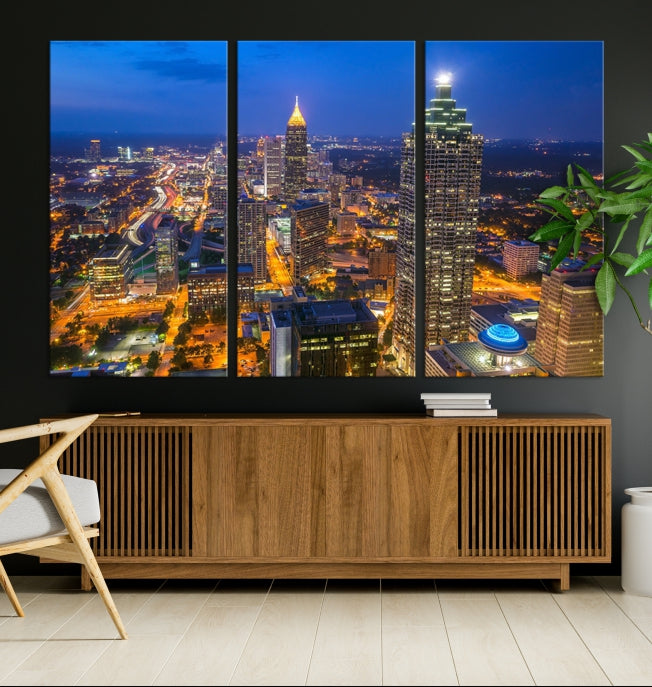 Arte de pared grande con vista del paisaje urbano del horizonte azul nocturno de las luces de la ciudad de Atlanta Impresión en lienzo