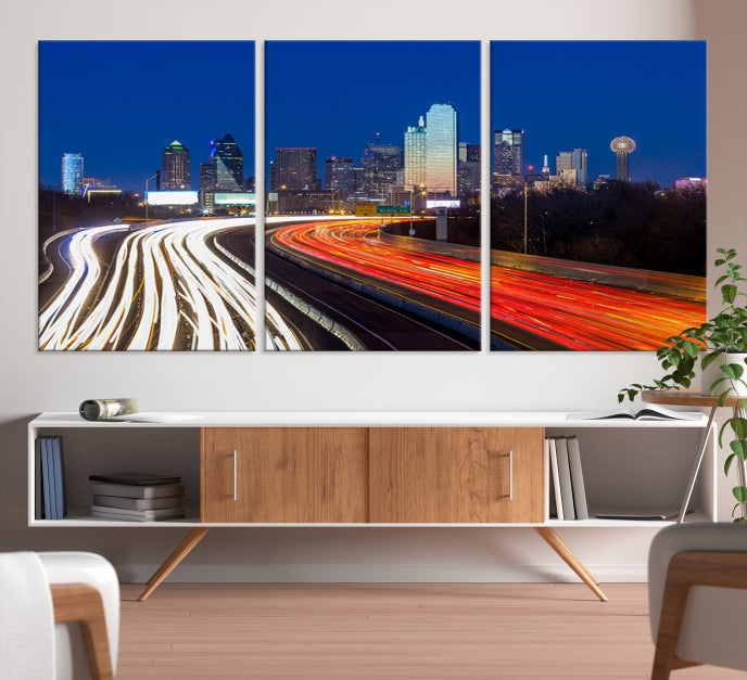 Dallas City Street Lights Night Skyline Cityscape View Wall Art Impression sur toile