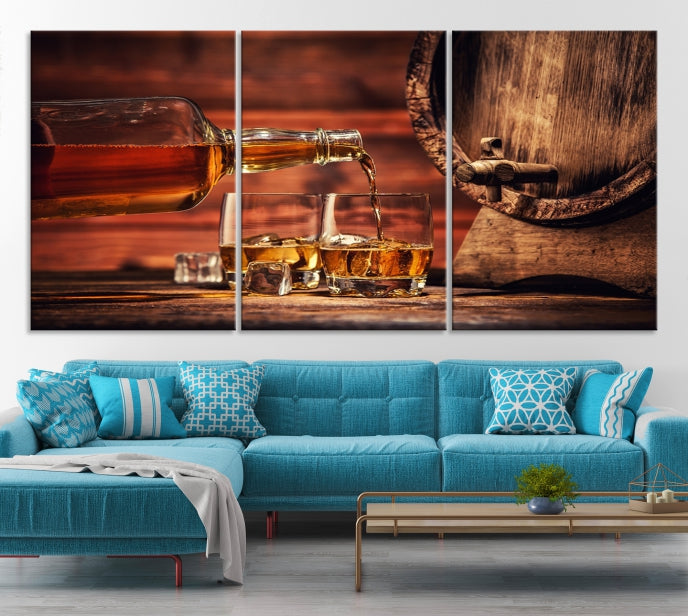 Lienzo decorativo para pared grande con whisky y barril