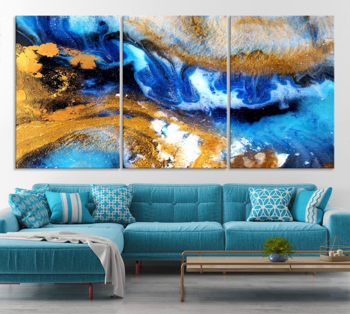 Blue Orange Marble Fluid Effect Wall Art Abstract Canvas Wall Art Print