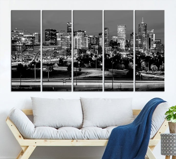 Denver City Lights Skyline Black and White Wall Art Cityscape Canvas Print