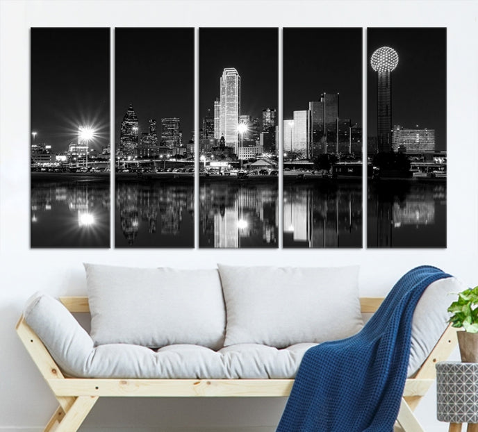 Dallas City Lights Skyline Art mural noir et blanc Paysage urbain Impression sur toile