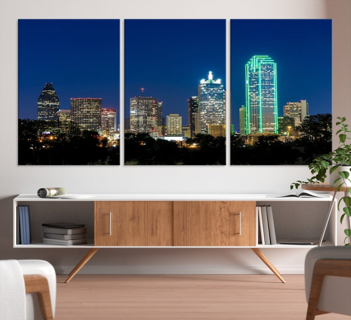 Impresión en lienzo de arte de pared grande con vista del paisaje urbano del horizonte azul nocturno de las luces de la ciudad de Dallas