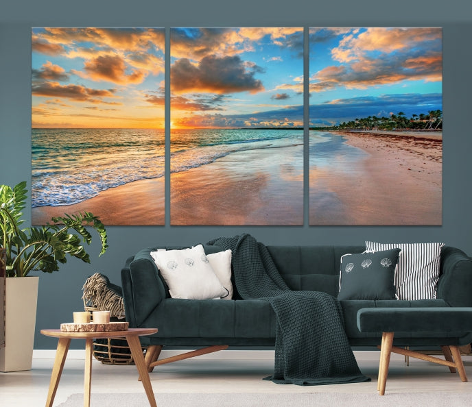 Sunset Beach Canvas Wall Art – Tropical Triptych Seascape Print – Coastal Ocean Decor for Living Room or Bedroom – Ready to Hang