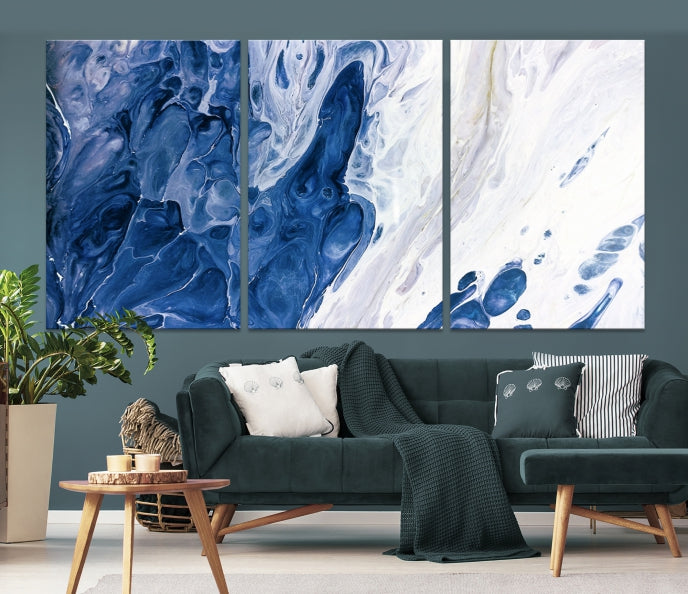 Arte de pared grande con efecto fluido de mármol azul marino, lienzo abstracto moderno, impresión artística de pared