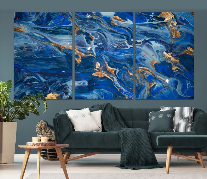 Arte de pared grande con efecto fluido de mármol azul marino, lienzo abstracto moderno, impresión artística de pared