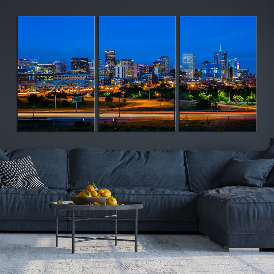 Impresión en lienzo de arte de pared grande con vista del paisaje urbano del horizonte azul nocturno de las luces de la ciudad de Denver