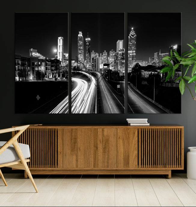 Skyline de luces de la ciudad de Atlanta Arte de pared en blanco y negro Paisaje urbano Lienzo