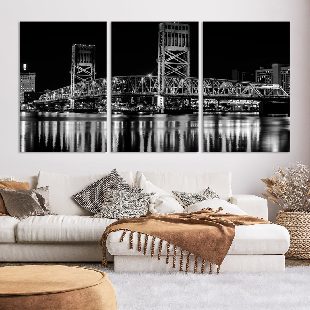 The Jacksonville City Bridge Night Wall Art Canvas Print is a black and white triptych depicting the city bridge at night. It features a UV-protective coating on museum-quality canvas.