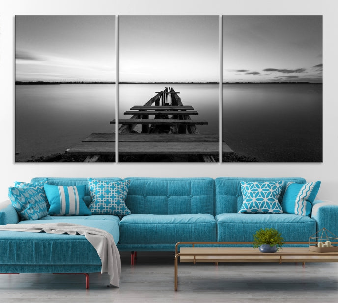 Wood Pier and Sea Wall Art Canvas Print