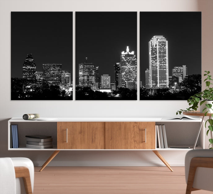 Dallas City Lights Skyline Art mural noir et blanc Paysage urbain Impression sur toile