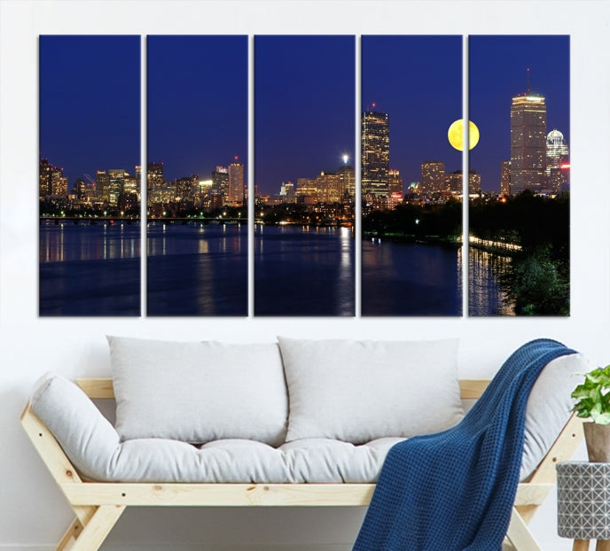 Luces de la ciudad de Boston, horizonte nocturno de luna llena, vista del paisaje urbano, arte de pared grande, impresión en lienzo