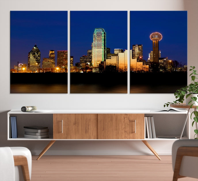 Dallas City Lights Night Blue Skyline Cityscape View Wall Art Impression sur toile