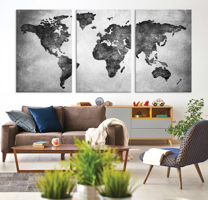 Black and Gray World Map Canvas Wall Art Print