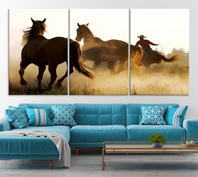 Lienzo decorativo para pared con caballos y vaqueros