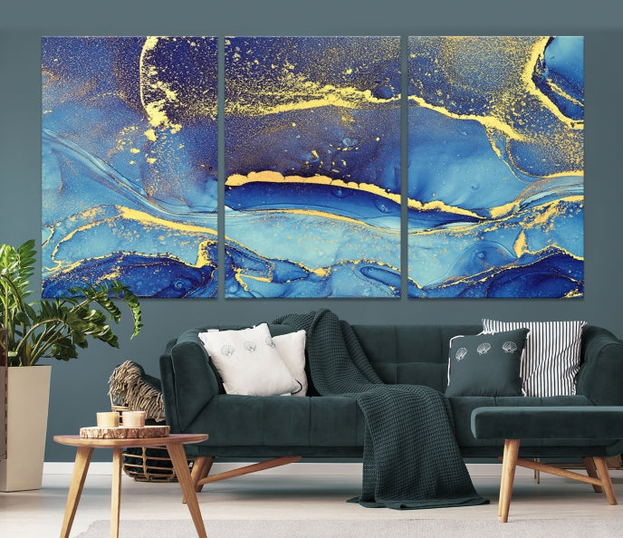 Arte de pared grande con efecto fluido de mármol azul, lienzo abstracto moderno, impresión artística de pared