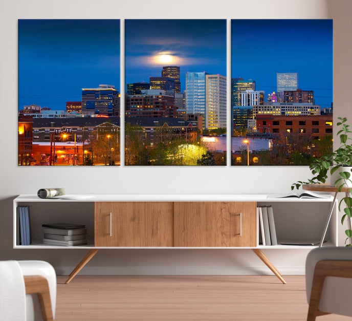 Impresión en lienzo de arte de pared grande con vista del paisaje urbano del horizonte azul nocturno de las luces de la ciudad de Denver