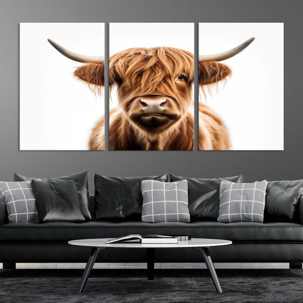 A Scottish Highland Cow Canvas Print, featuring a trio of panels depicting a long-haired, large-horned Highland cow on museum-quality canvas with UV protection, was displayed.