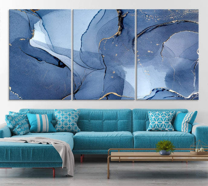 Blue Color Marble Fluid Effect Wall Art Abstract Canvas Wall Art Print