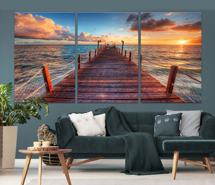 Lienzo decorativo para pared con atardecer y muelle de madera