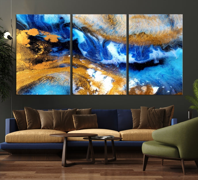 Blue Orange Marble Fluid Effect Wall Art Abstract Canvas Wall Art Print