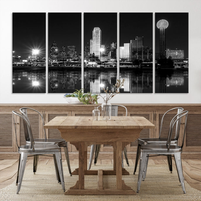 Dallas City Lights Skyline Art mural noir et blanc Paysage urbain Impression sur toile