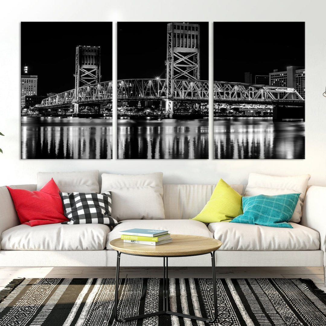 The Jacksonville City Bridge Night Wall Art Canvas Print is a black and white triptych depicting the city bridge at night. It features a UV-protective coating on museum-quality canvas.