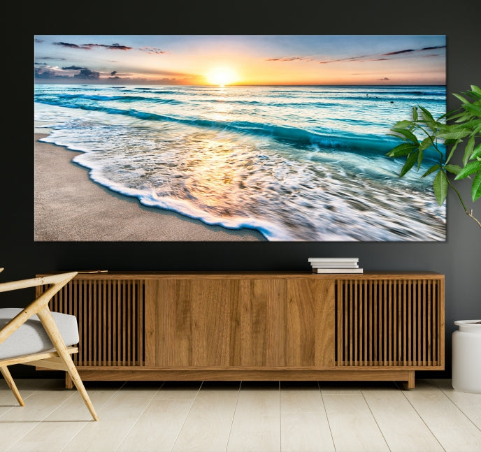 Sunset Beach Waves Canvas Wall Art – 5-Panel Ocean Sunset Print – Coastal Decor for Living Room or Bedroom – Ready to Hang