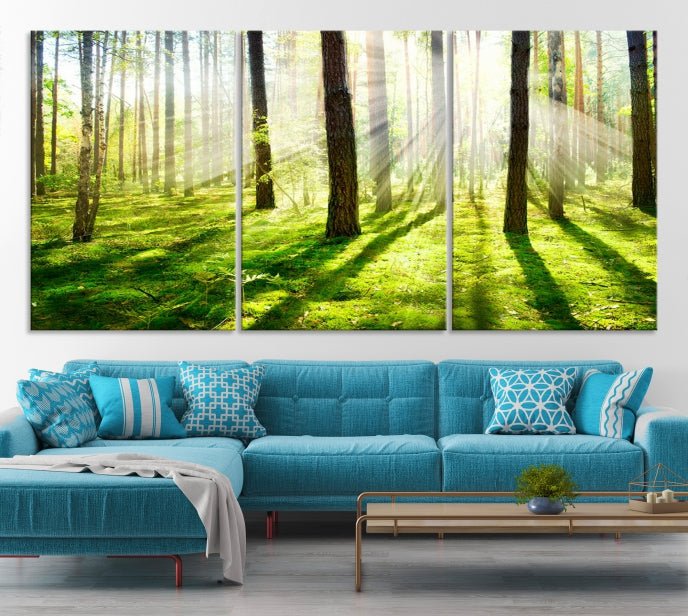 Lienzo decorativo para pared grande con bosque y sol